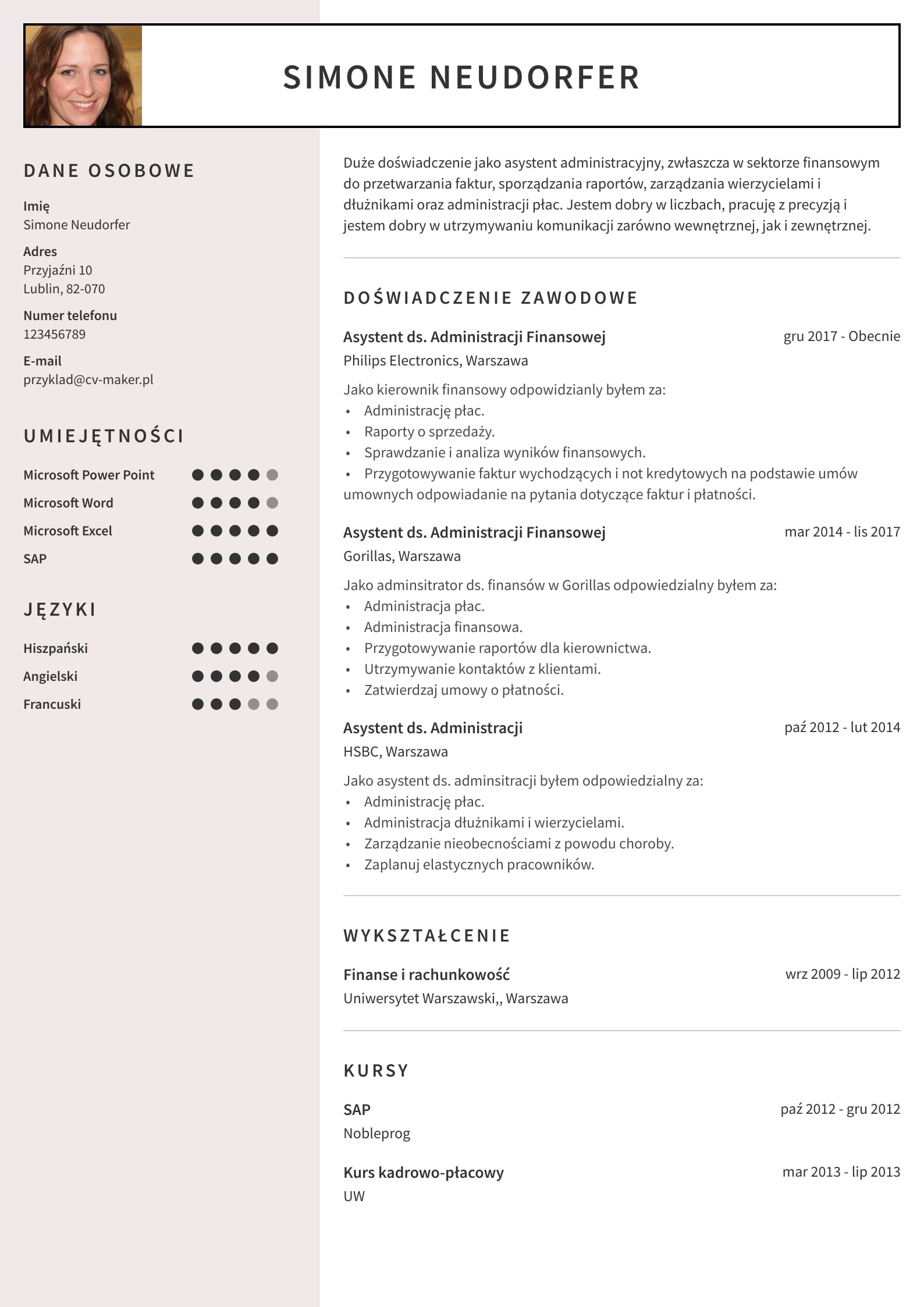 CV example - administrative assistant